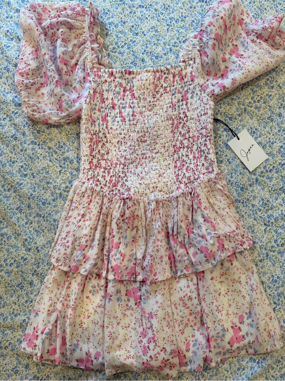 Blue Floral Lightweight Top with Pink Trim